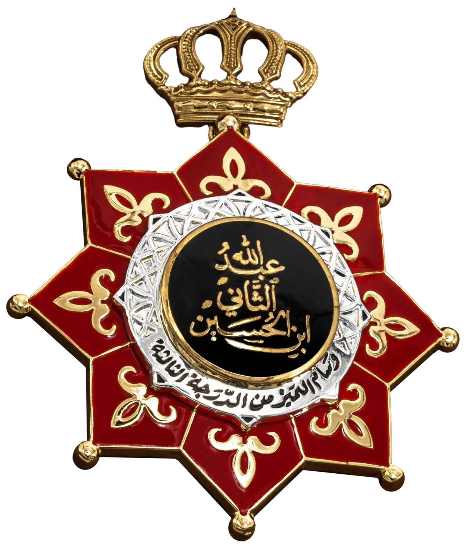 The Order of King Abdullah II ibn Al Hussein for Excellence: a red and gold star with a crown.