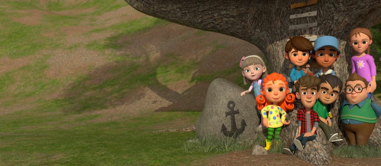 Children from Amal for Children beside a boulder painted with an anchor, on rolling hills.