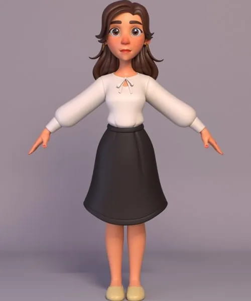 3D character model of a girl with long brown hair, in a white blouse and dark skirt.
