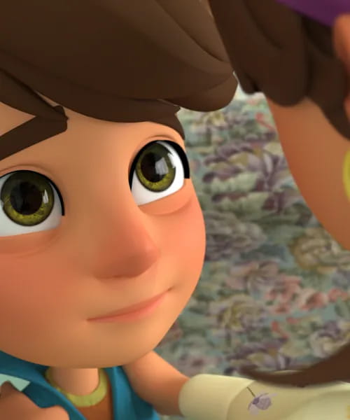 Close-up of a 3D animated girl’s hazel eyes.