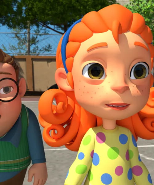 Close-up of the red-haired girl in her polka-dot top, in a schoolyard.
