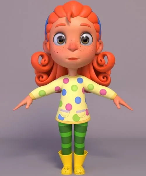 3D character model of a red-haired girl in a polka-dot top, striped tights and yellow boots.