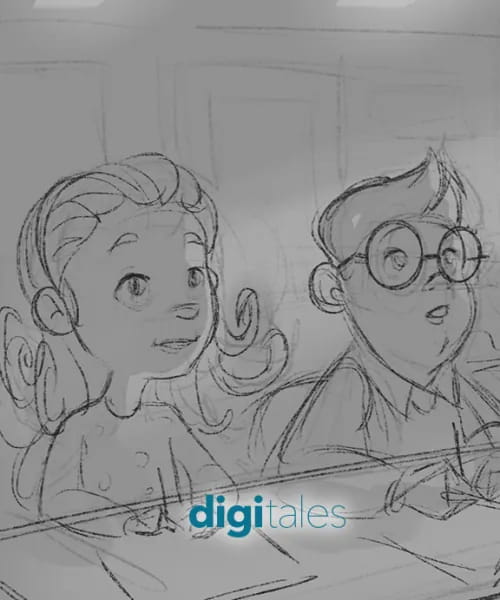 Pencil sketch of two children side by side, a girl and a boy in round glasses.