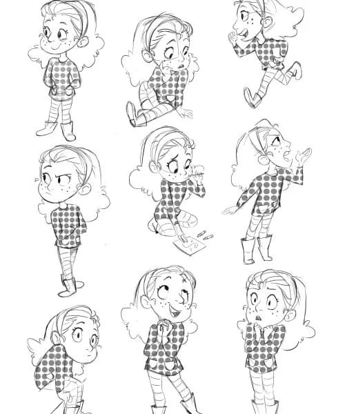 A sheet of pencil concept sketches: one girl in a checked shirt, drawn in nine poses.