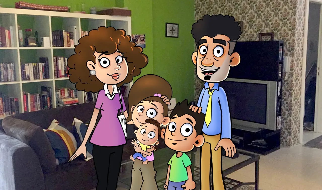 Abu Sanad’s family, drawn in 2D, standing in a real living room.