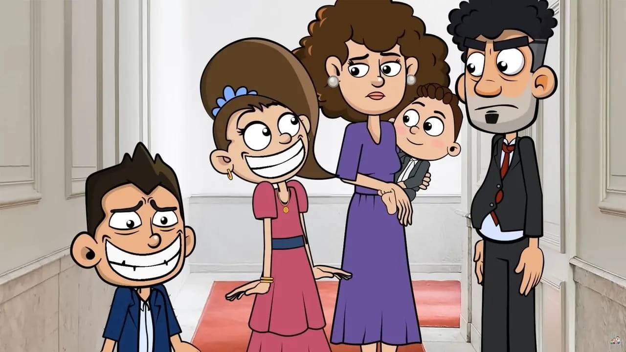 A frame from Our Family Life: the family crowded in a doorway, the son grinning.