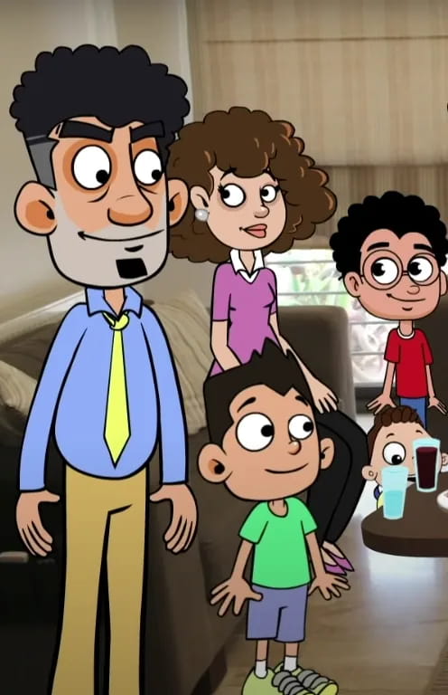 Abu Sanad with his children, drawn in 2D.