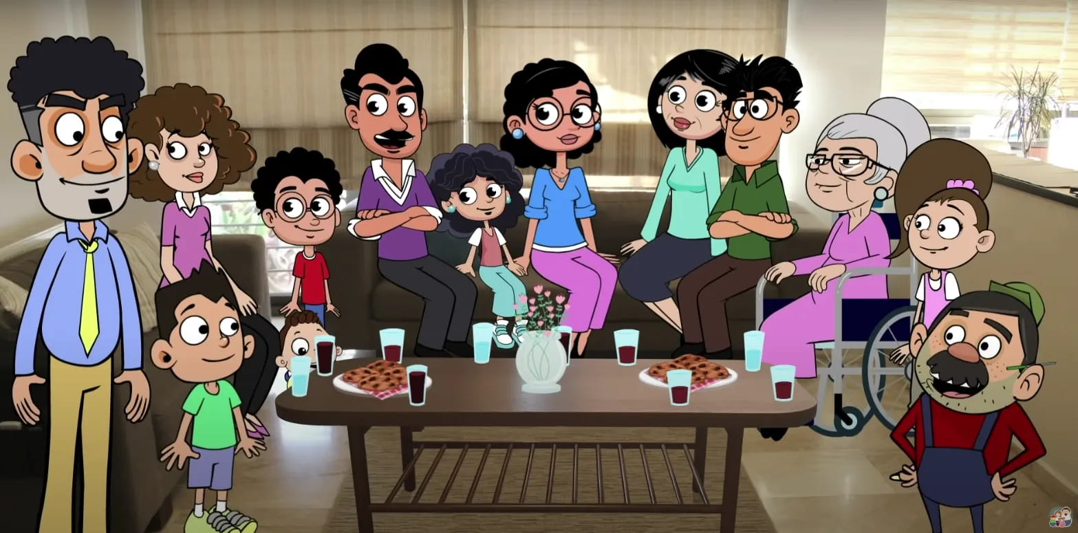 Abu Sanad’s family and friends around the coffee table in their living room, drawn in 2D.
