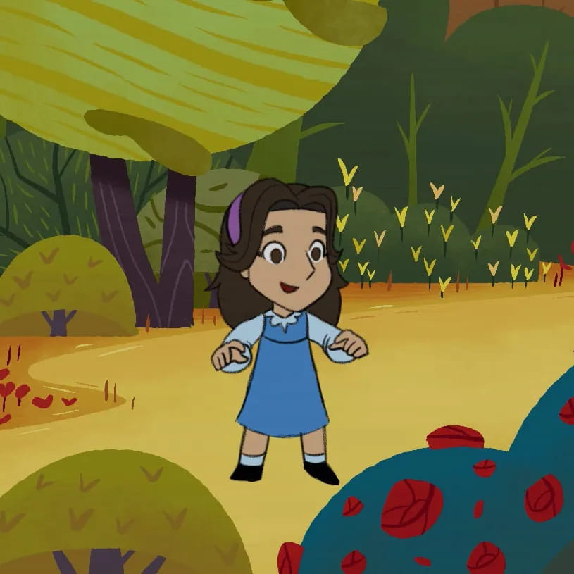A 2D animated girl in a blue dress in a painted forest.