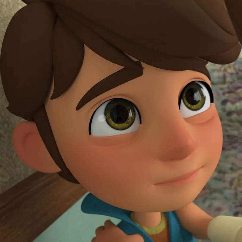 Close-up of a 3D animated boy looking up.