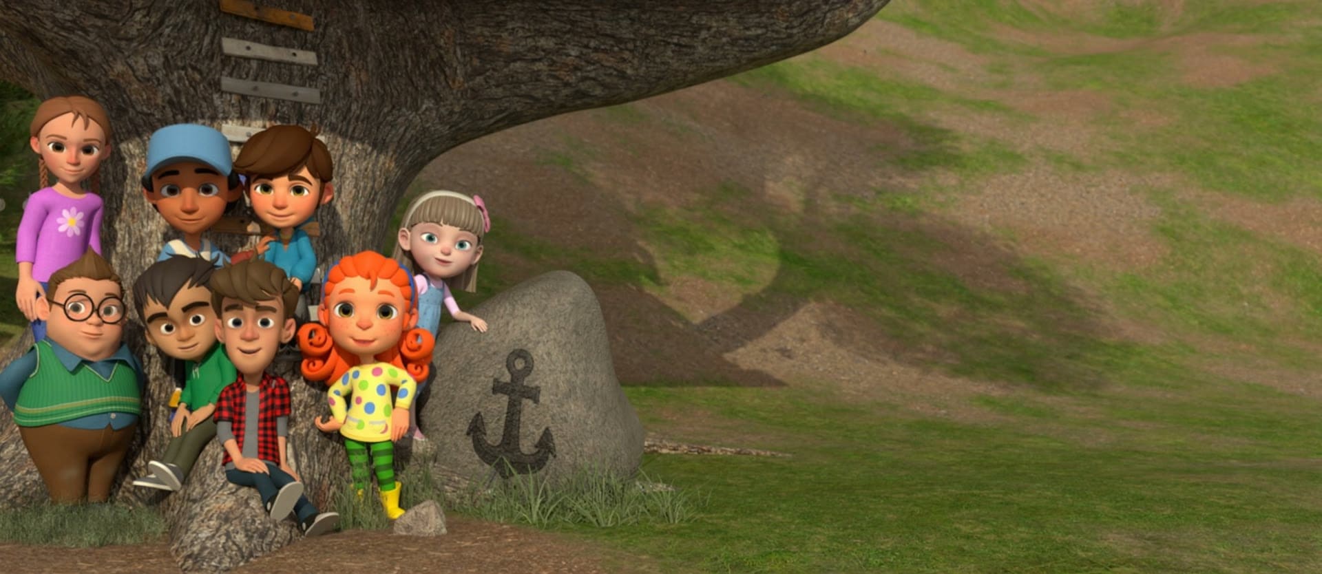 The children of Saleem gathered under a giant tree on a green hillside, beside a boulder carved with an anchor.